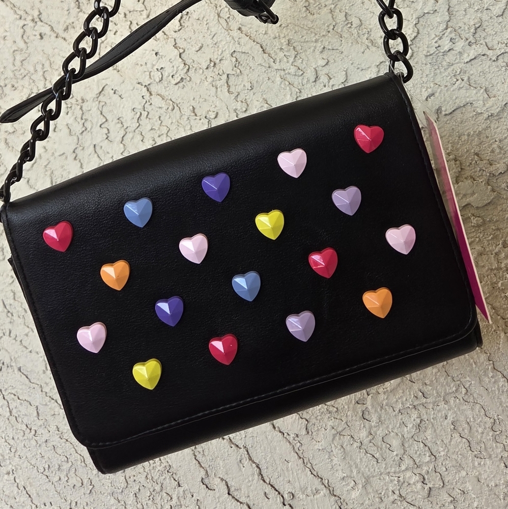 NWT Betsey Johnson Black Crossbody Bag with Colorful Hearts